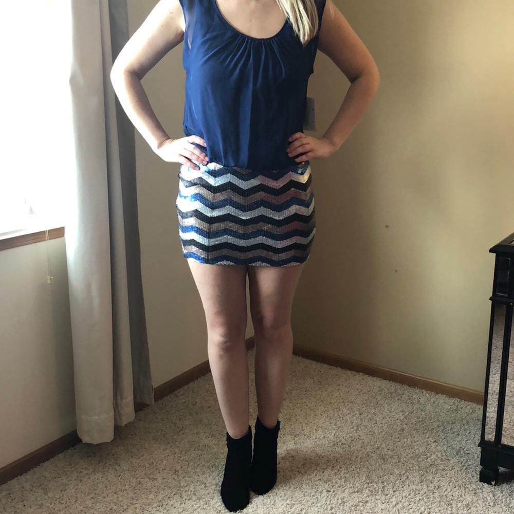 Navy blue blouse dress with multi-colored bottom